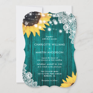 Invitation Mariage Élégant Tournesol Sarcelle Bois Rustique