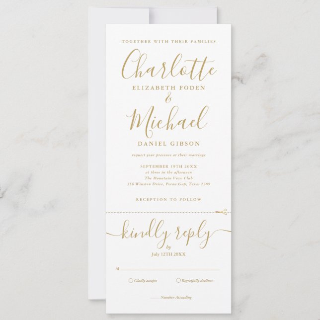 Invitation Mariage Élégant Tout En Un avec Écriture Dorée (Devant)
