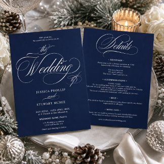 Invitation Mariage Élégant Tout en Un avec Écriture Navy Blue