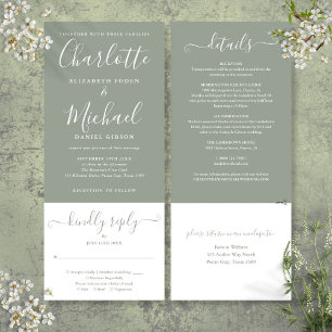 Invitation Mariage Élégant Tout-en-Un avec Écriture Vert Saug