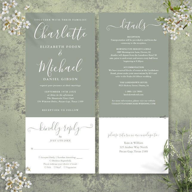 Invitation Mariage Élégant Tout-en-Un avec Écriture Vert Saug (Sage Green Elegant Script All In One Wedding Invitation)