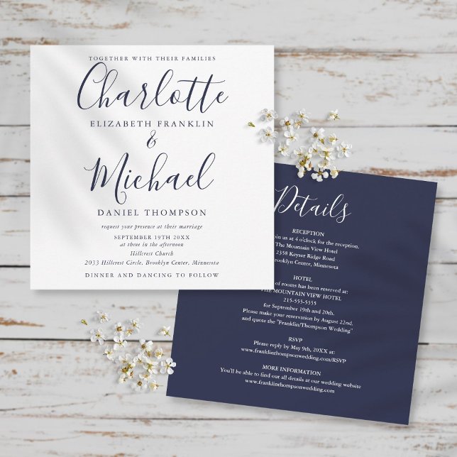 Invitation Mariage Élégant Tout En Un Bleu Marine Script (Créateur téléchargé)