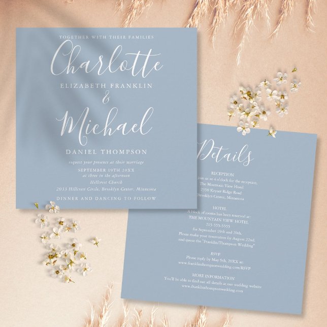 Invitation Mariage Élégant Tout En Un Bleu Poussiéreux Script (Créateur téléchargé)
