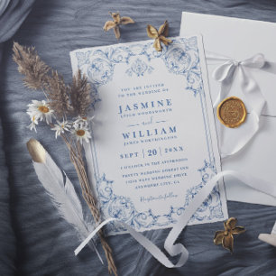 Invitation Mariage élégant traditionnel bleu et blanc avec co