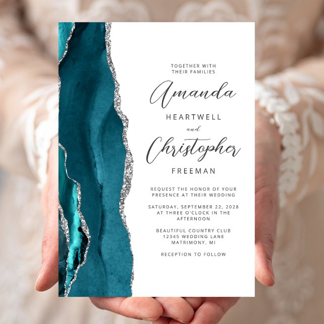 Invitation Mariage Élégant Turquoise Argent Agate Script (Créateur téléchargé)