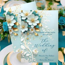 Mariage élégant Turquoise Bleu Blanc Or Floral orn