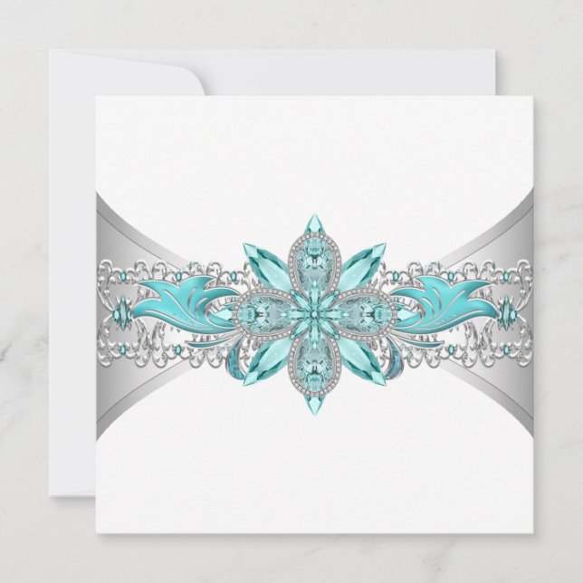Invitation Mariage élégant Turquoise Bleu et Argent (Devant)