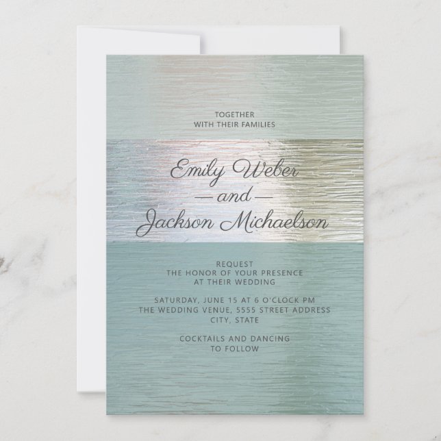 Invitation Mariage élégant Turquoise Bleu Verre de Mer Argent (Devant)