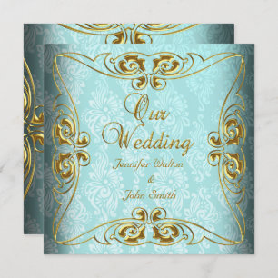 Invitation Mariage élégant Turquoise Blue Gold Damask