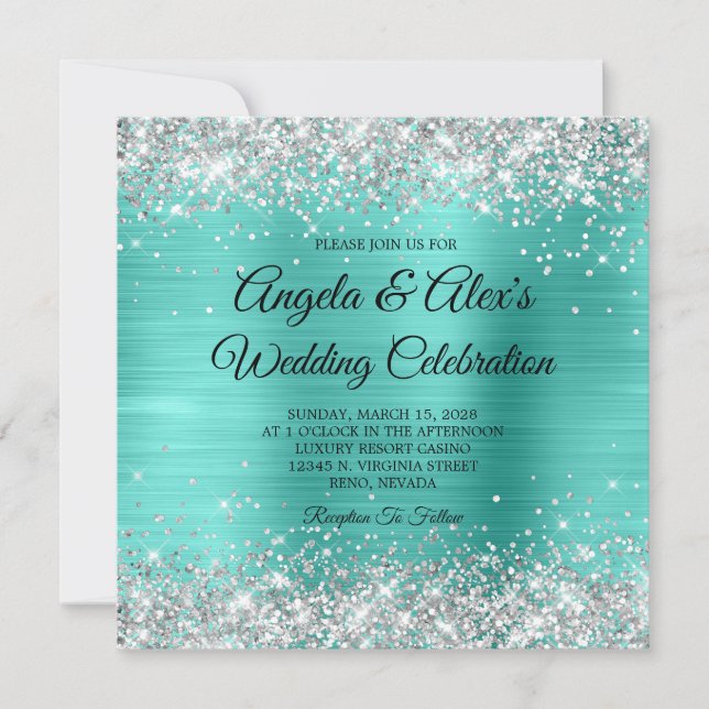 Invitation Mariage élégant turquoise paillettes argentées (Devant)