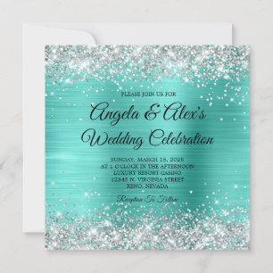 Invitation Mariage élégant turquoise paillettes argentées