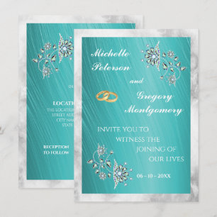 Invitation Mariage Élégant Turquoise Strass & Marbre