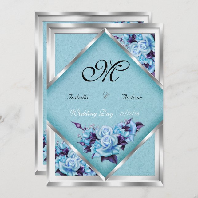 Invitation Mariage élégant Turquoise violet Roses Argent Bouq (Devant / Derrière)