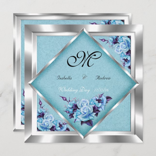 Invitation Mariage élégant Turquoise violet Roses Argent Bouq (Devant / Derrière)