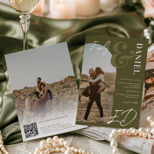 Invitation Mariage élégant Vert Ancien Argent Photo Script QR