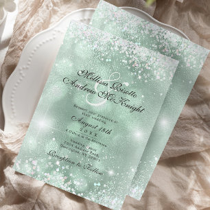 Invitation Mariage élégant vert clair avec paillettes argenté