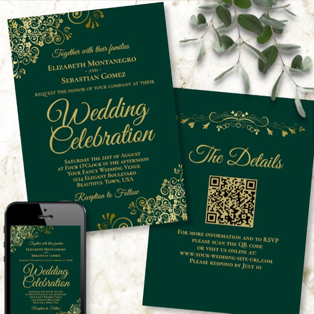 Invitation Mariage élégant vert émeraude Code QR doré Frills (Créateur téléchargé)