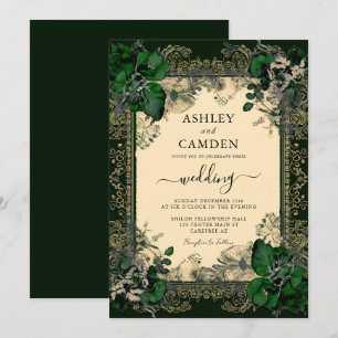Invitation Mariage élégant vert émeraude et or