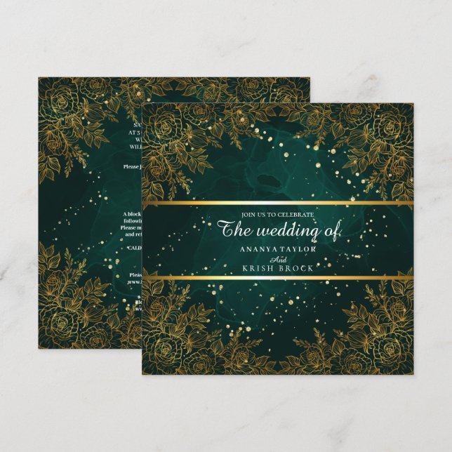 Invitation Mariage élégant vert et noir (Devant / Derrière)