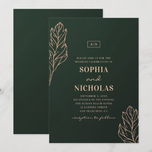Invitation Mariage élégant vert et or. Botanique émeraude