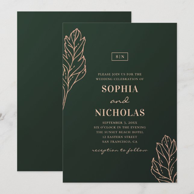 Invitation Mariage élégant vert et or. Botanique émeraude (Devant / Derrière)