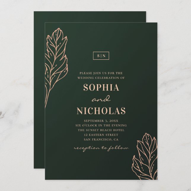Invitation Mariage élégant vert et or. Émeraude botanique (Devant / Derrière)