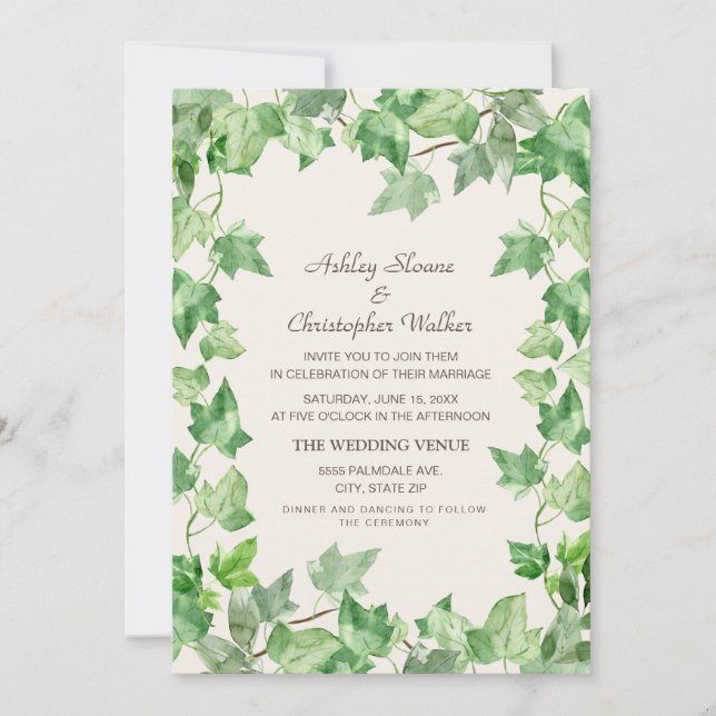 Invitation Mariage Élégant Vert Feuilles de Lierre Crème (Devant)