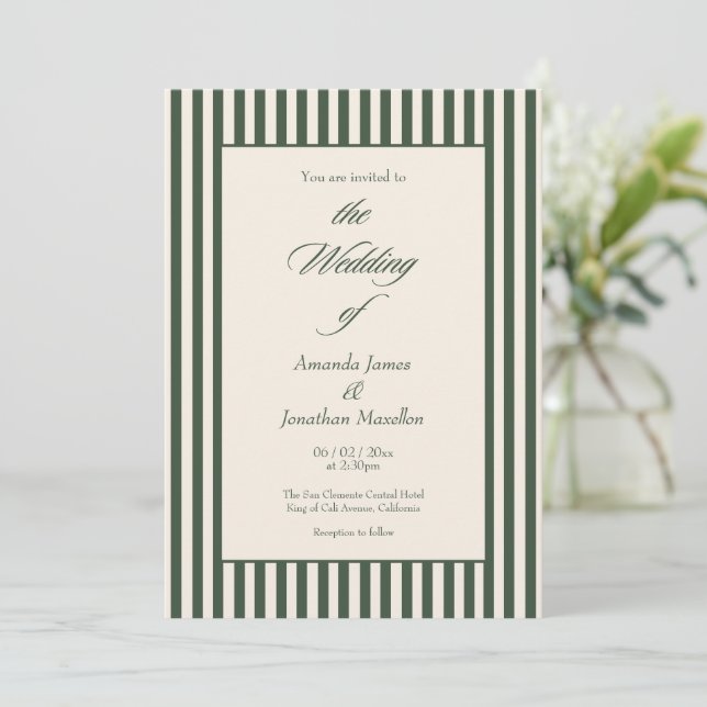 Invitation Mariage Élégant Vert Foncé et Crème à Rayures Vert (Debout devant)