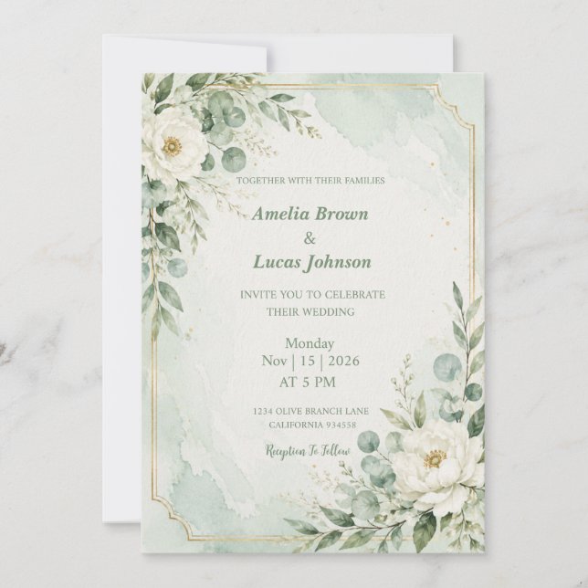 Invitation Mariage Élégant Vert Menthe (Devant)