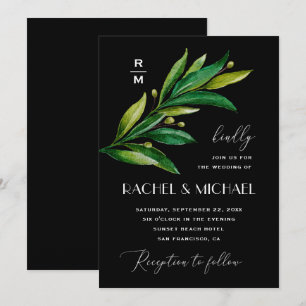 Invitation Mariage élégant vert noir. Feuillage aquarelle