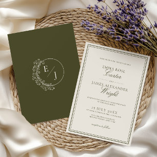 Invitation Mariage Élégant Vert Olive Classique Ancien Argent