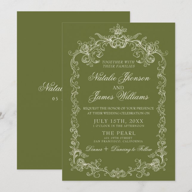 Invitation Mariage élégant vert olive vintage (Devant / Derrière)