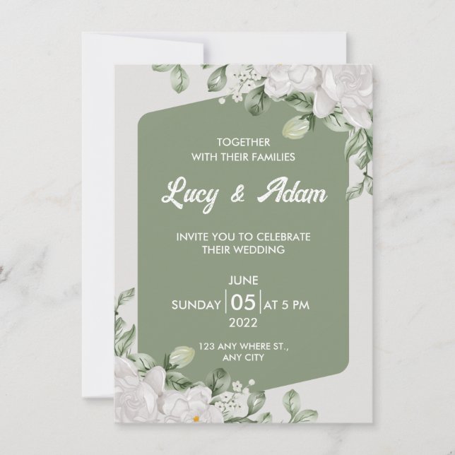 Invitation Mariage Élégant Vert Sage Blanc Floral (Devant)