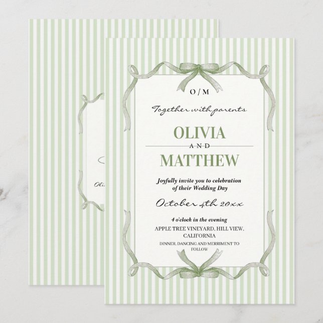 Invitation Mariage Élégant Vert Sauge (Devant / Derrière)