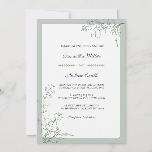 Invitation Mariage élégant vert sauge (Devant)