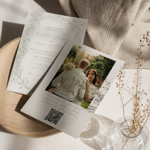 Invitation Mariage élégant vert sauge ancien argent Code QR P
