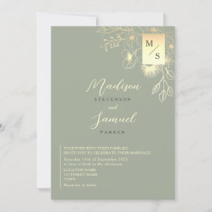 Invitation Mariage élégant vert sauge floral or