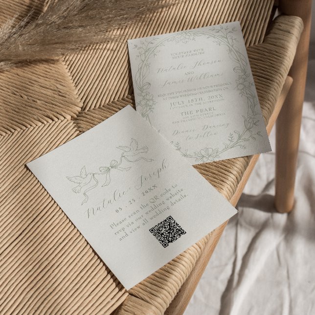 Invitation Mariage élégant vert sauge QR Code à l'ancienne (Créateur téléchargé)