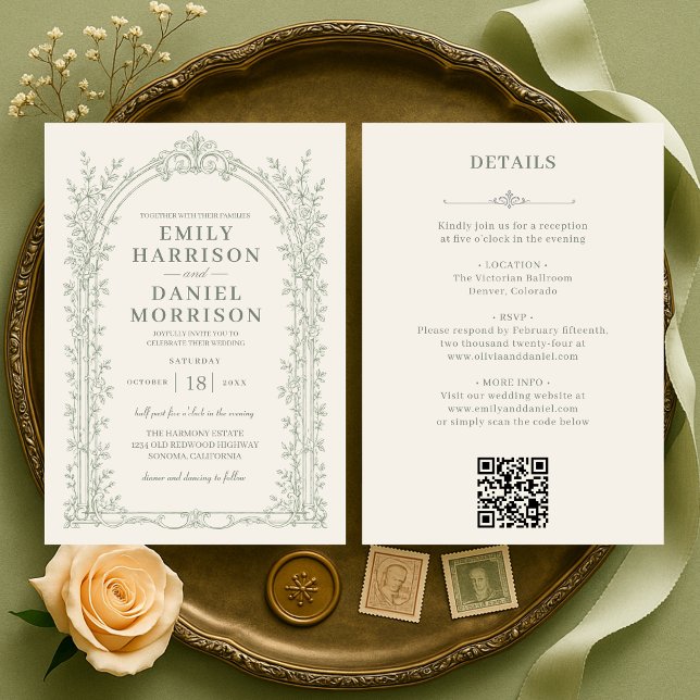 Invitation Mariage élégant victorien avec code QR vert sauge (Créateur téléchargé)