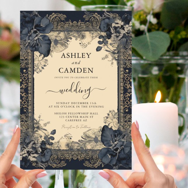 Invitation Mariage élégant victorien bleu foncé or (Créateur téléchargé)