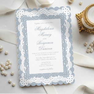 Invitation Mariage élégant victorien en dentelle bleu poussié