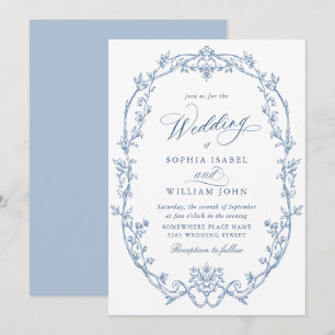 Invitation Mariage élégant victorien orné floral bleu poussié