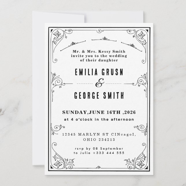 Invitation Mariage Élégant Vintage (Devant)