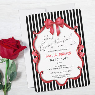 Invitation Mariage élégant vintage avec ruban rouge rayé noir