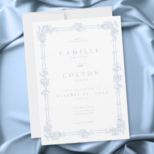 Invitation Mariage élégant vintage baroque bleu poussiéreux