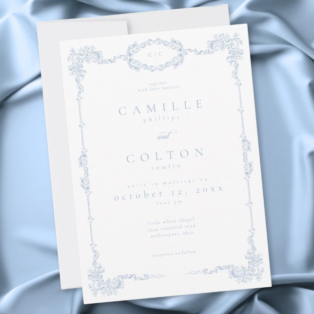 Invitation Mariage Élégant Vintage Baroque Bleu Poussiéreux (Elegant Vintage Baroque Dusty Blue Wedding Invitation)
