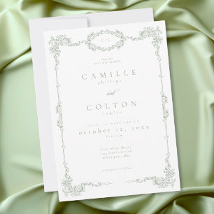Invitation Mariage Élégant Vintage Baroque Vert Sauge