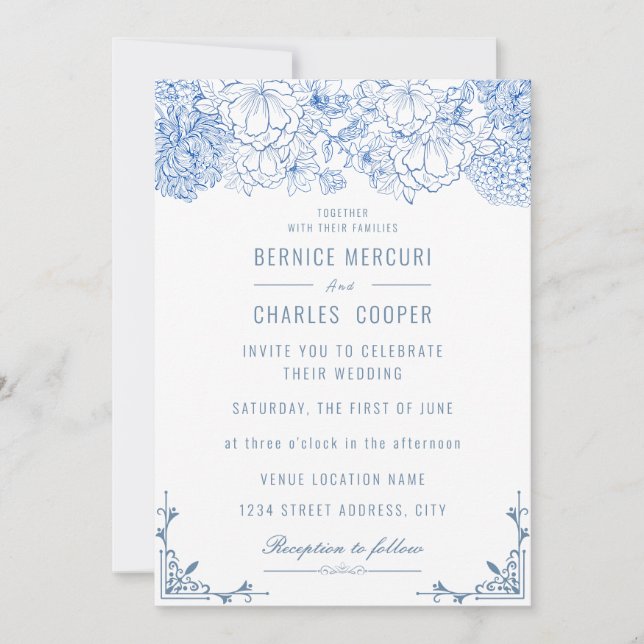 Invitation Mariage élégant vintage bleu Dusty (Devant)
