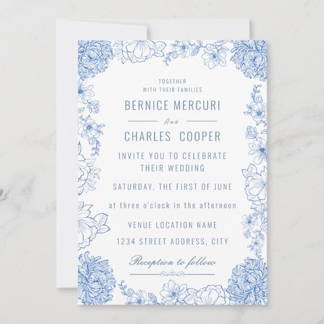 Invitation Mariage élégant vintage bleu Dusty (Devant)