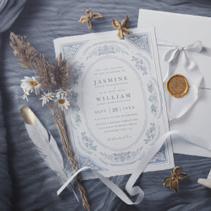 Invitation Mariage élégant vintage bleu floral chic moderne